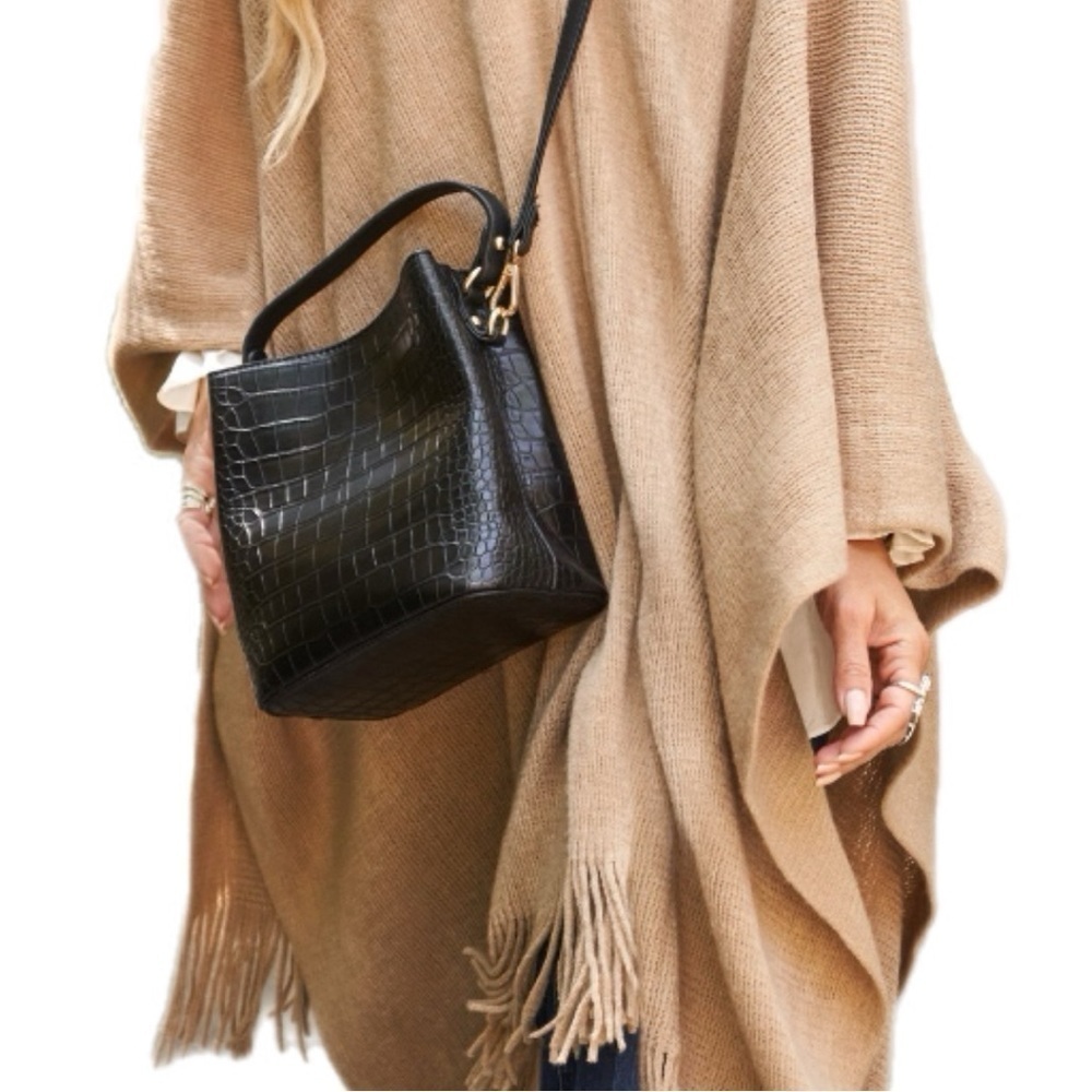 AOTA Elena‎ Croc Embossed Vegan Leather Top Handle Bucket Bag w/ Crossbody Strap